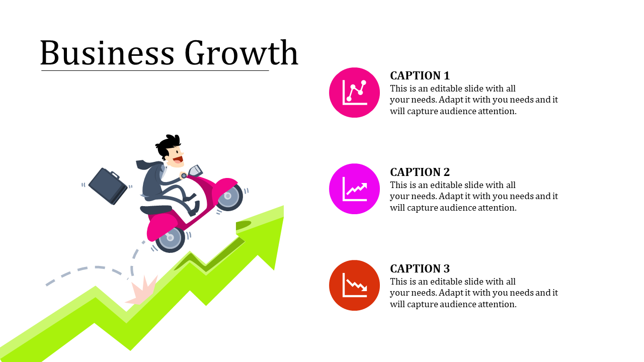 Business growth slide concept with a person on a scooter racing upwards along a green arrow and icons with caption text.