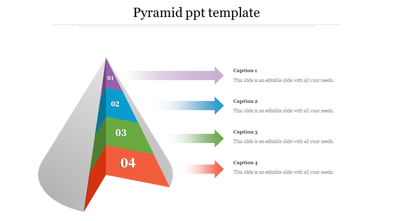 3D pyramid with four layers in purple, blue, green, and orange, each labeled 01 to 04, linked to captions on the right.
