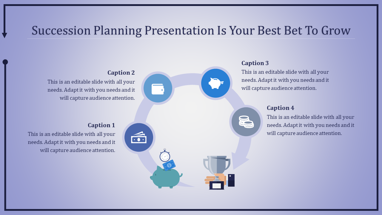 Blue themed succession planning infographic with four captions surrounding a circular flow of financial icons.