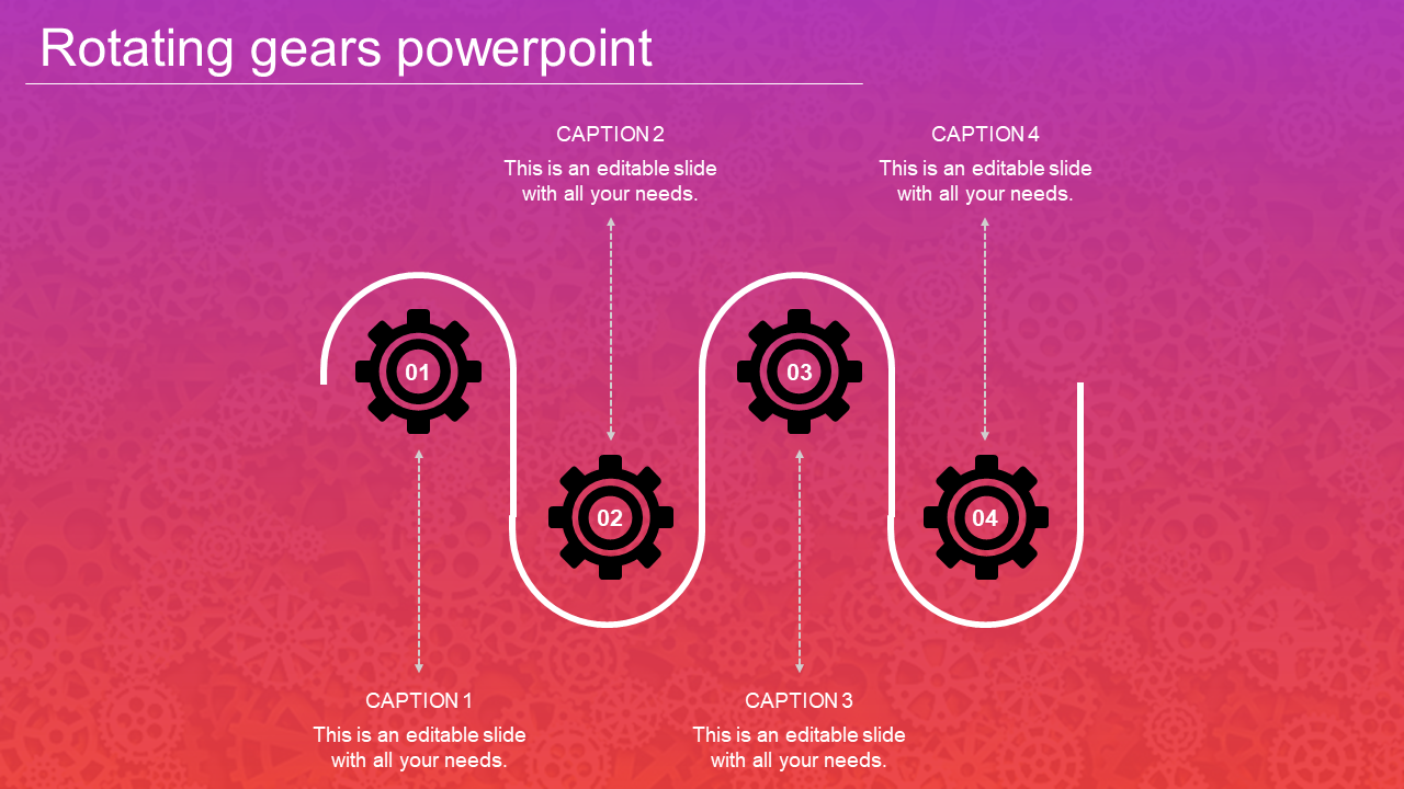 Four black gear icons numbered 01 to 04 connected by a curved line, with captions, on a pink to orange gradient background.