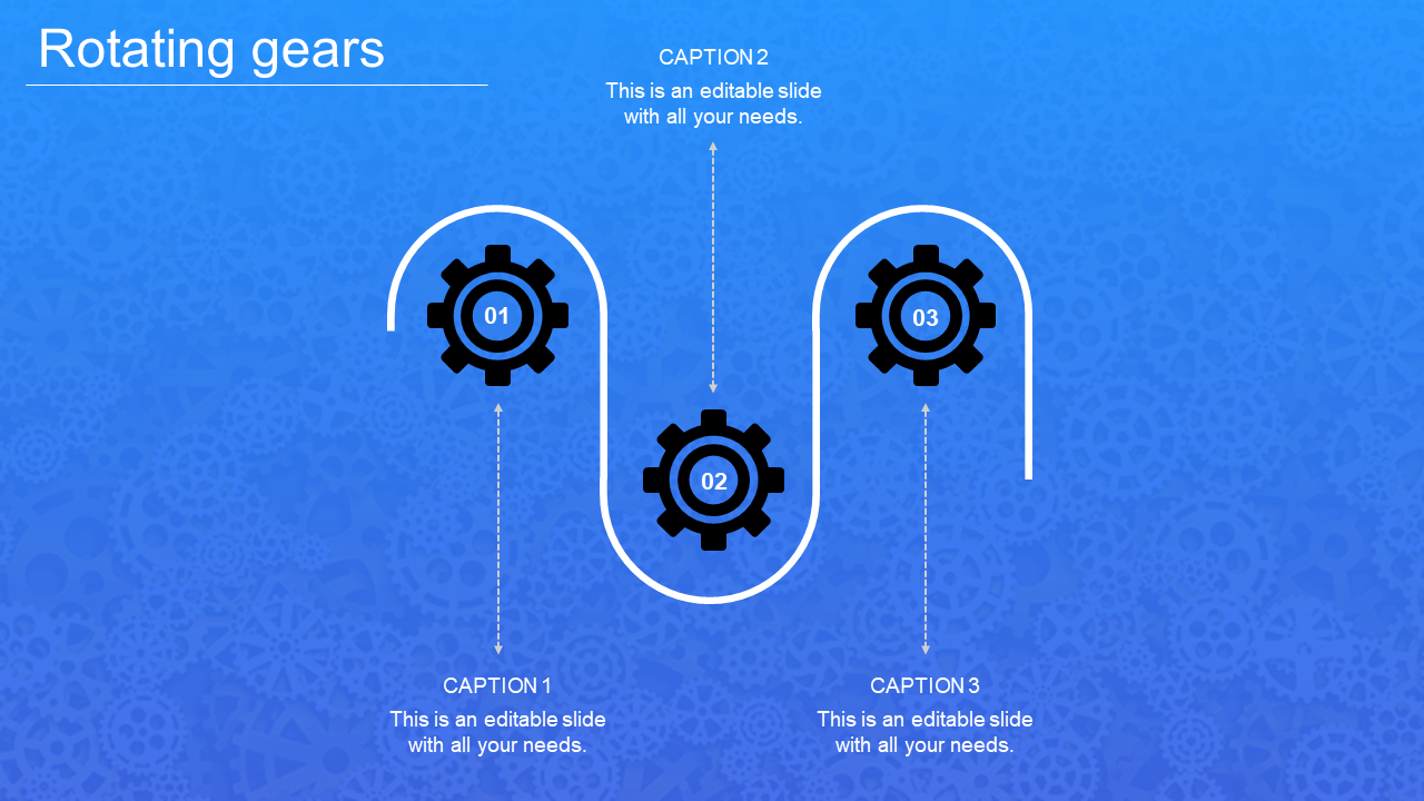 Slide featuring three gears positioned along a curved route on a blue gradient background, with placeholder text areas.