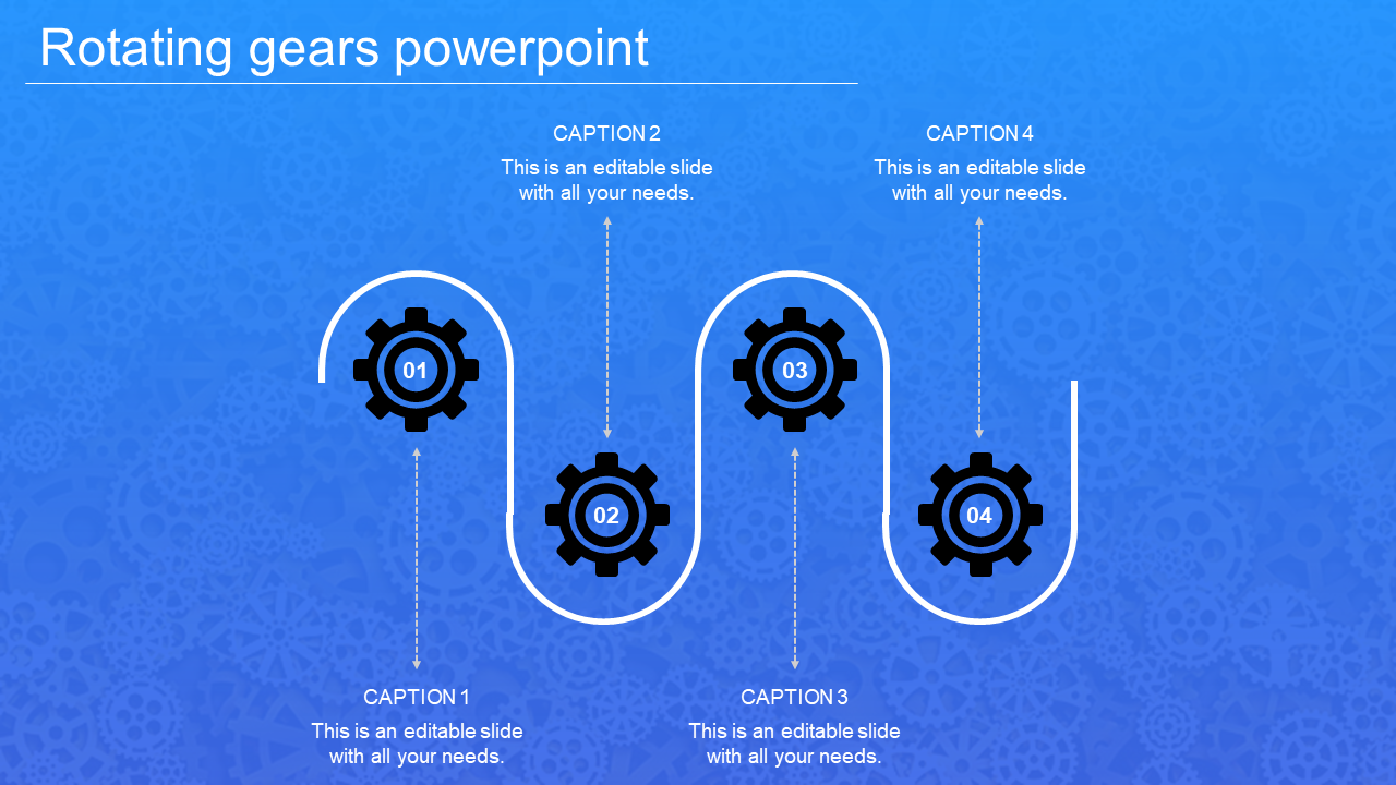 Four black gears labeled 01 to 04, arranged in a curved flow diagram with a subtle blue gear pattern background.