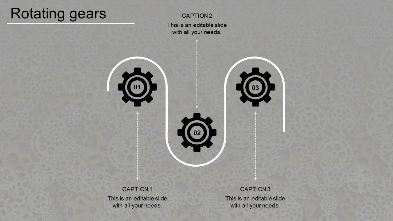 Slide with three black gear icons connected by a curved white path on a gray background featuring gear patterns.