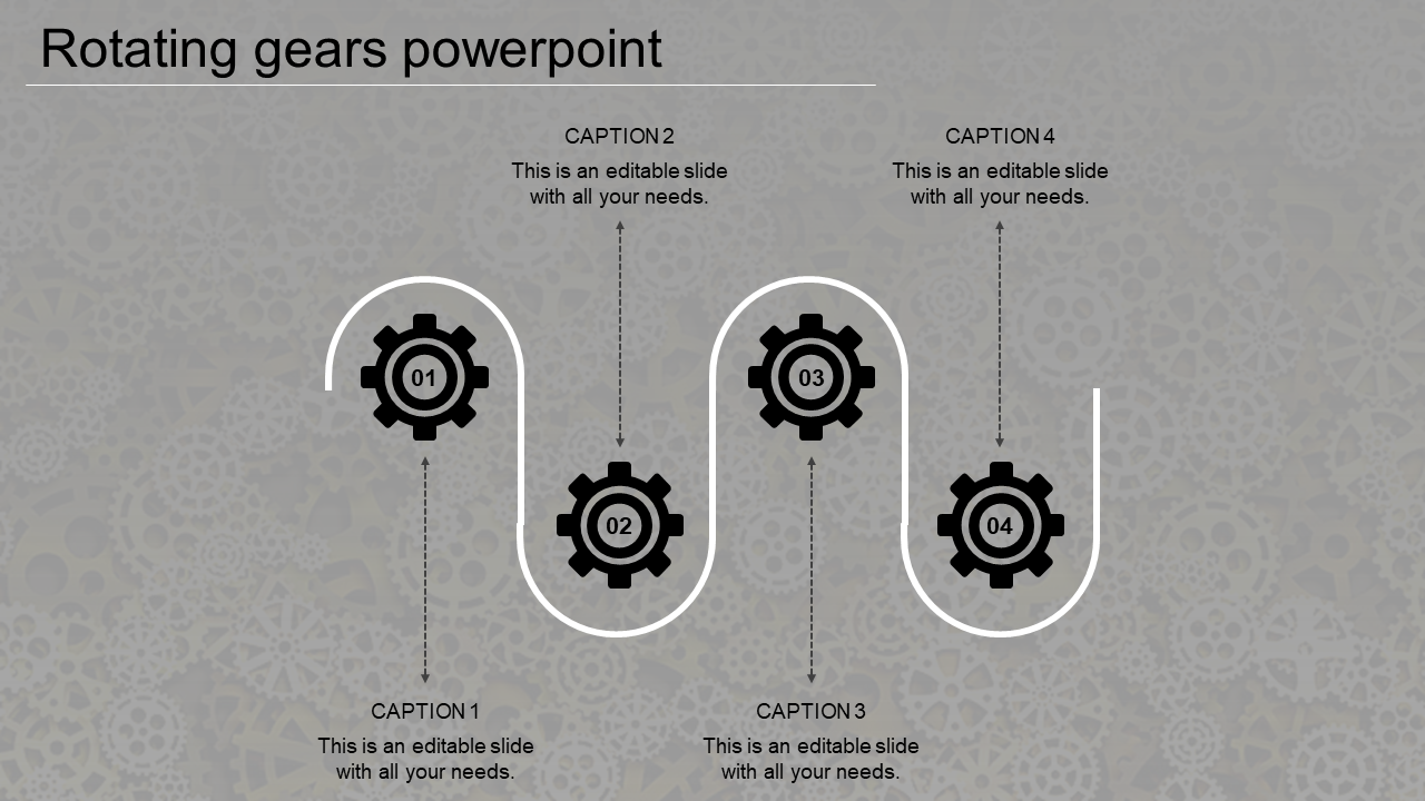 Four black gears arranged in a wavy white line curves connecting them, set against a gray patterned background.