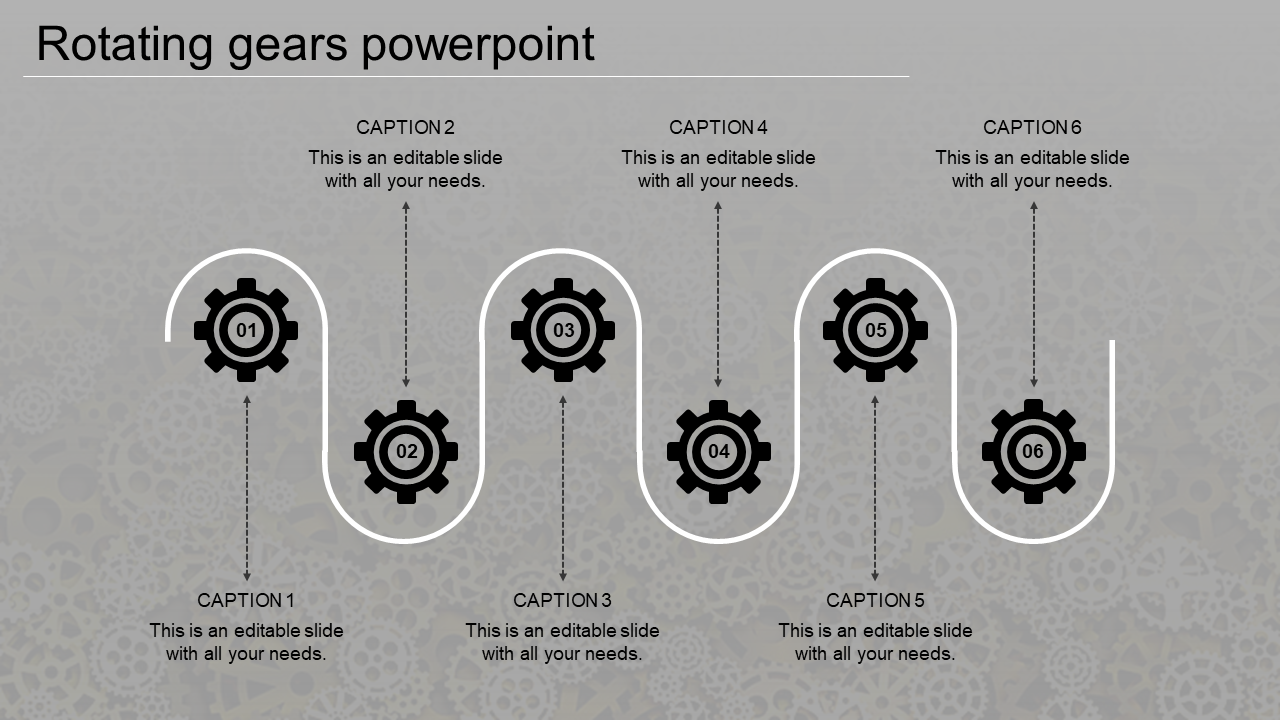 A PowerPoint template featuring six rotating gears with placeholders for captions on a gray backdrop.