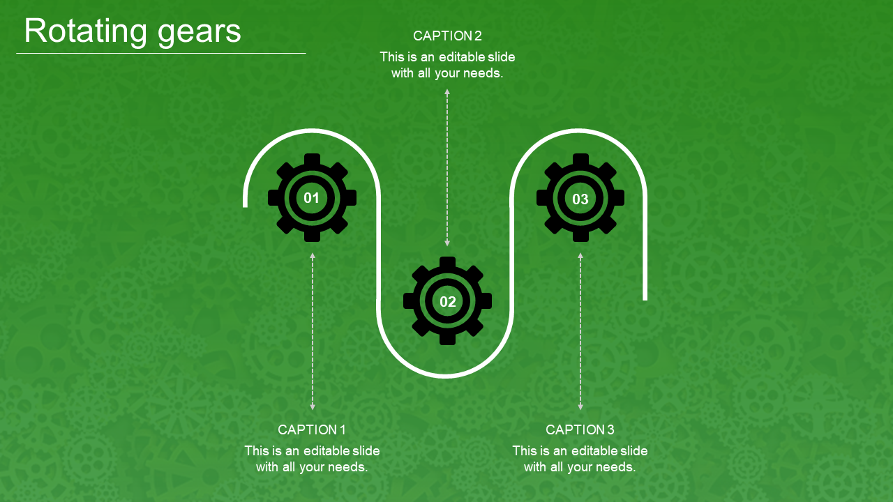Green themed PowerPoint slide featuring rotating gears with three caption placeholders.