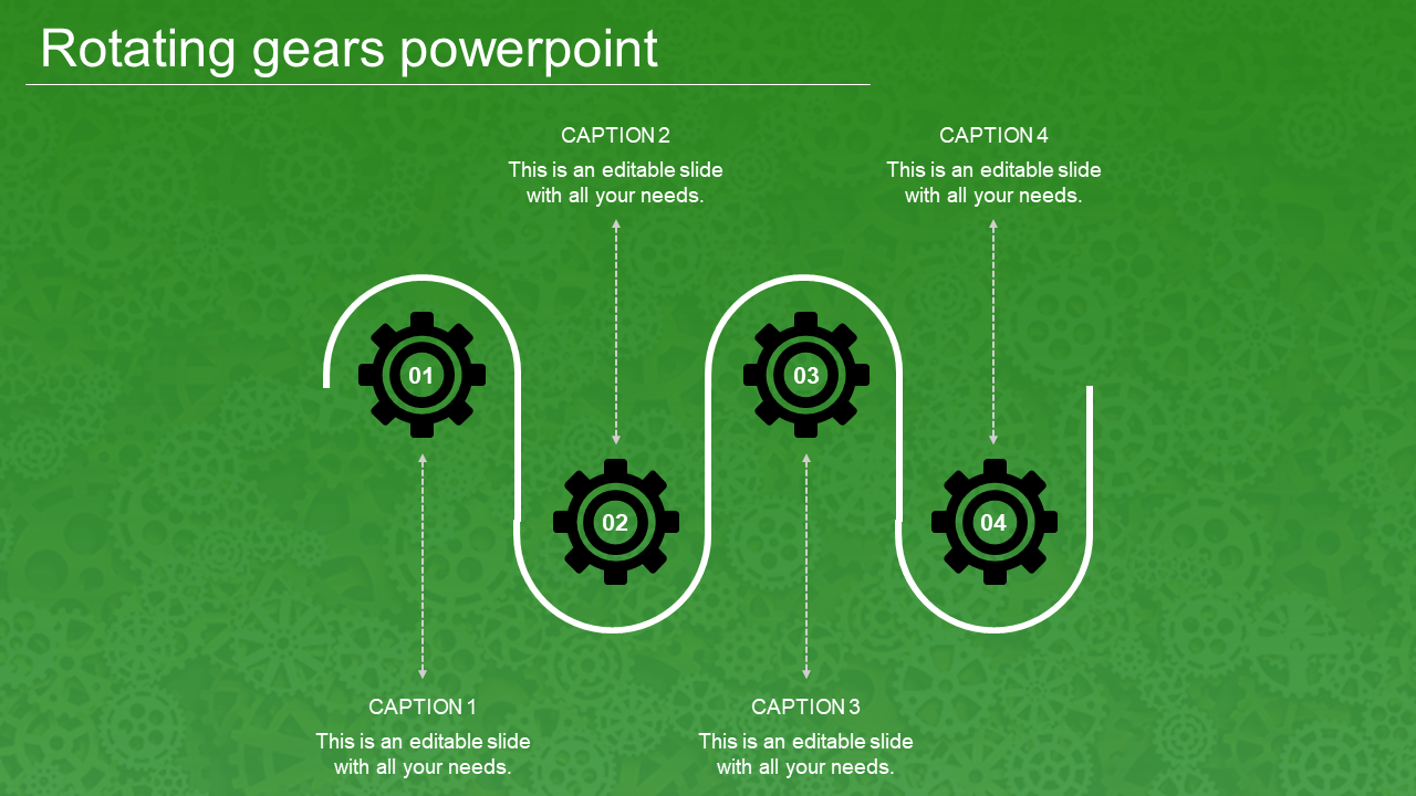 Four black gears connected by curved lines with arrows, forming a process flow on a green backdrop.