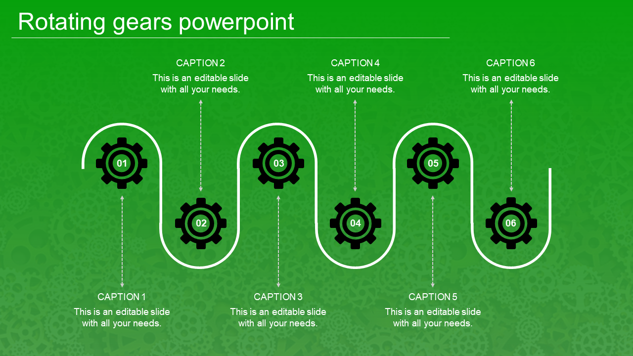 A PowerPoint template featuring six rotating gears with placeholders for captions on a green backdrop.