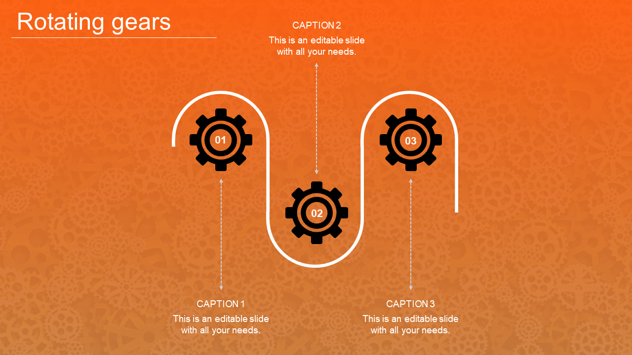 Orange themed PowerPoint slide featuring rotating gears with three caption placeholders.