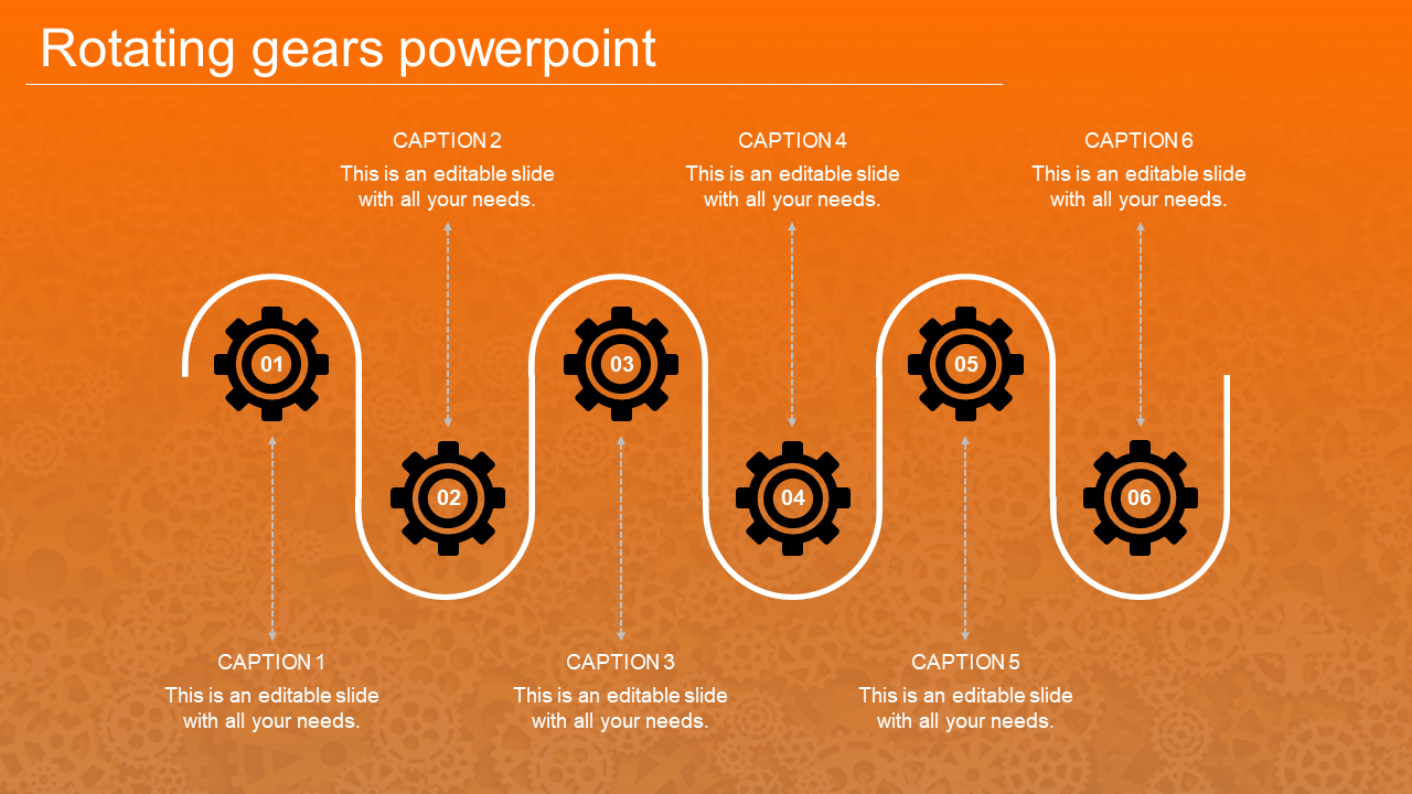Six black gears connected by curved lines with arrows, forming a process flow on an orange backdrop.