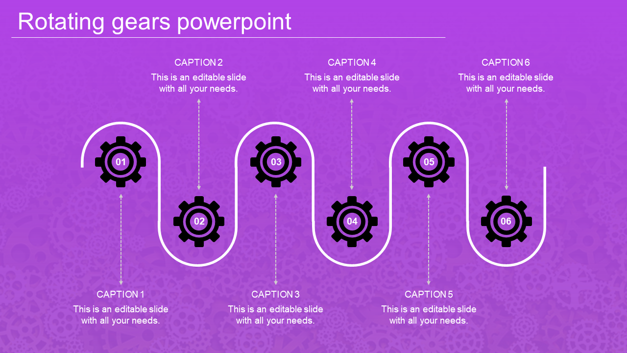 Six black gear icons numbered 01 to 06, connected by a white curved path with captions, on a purple background.