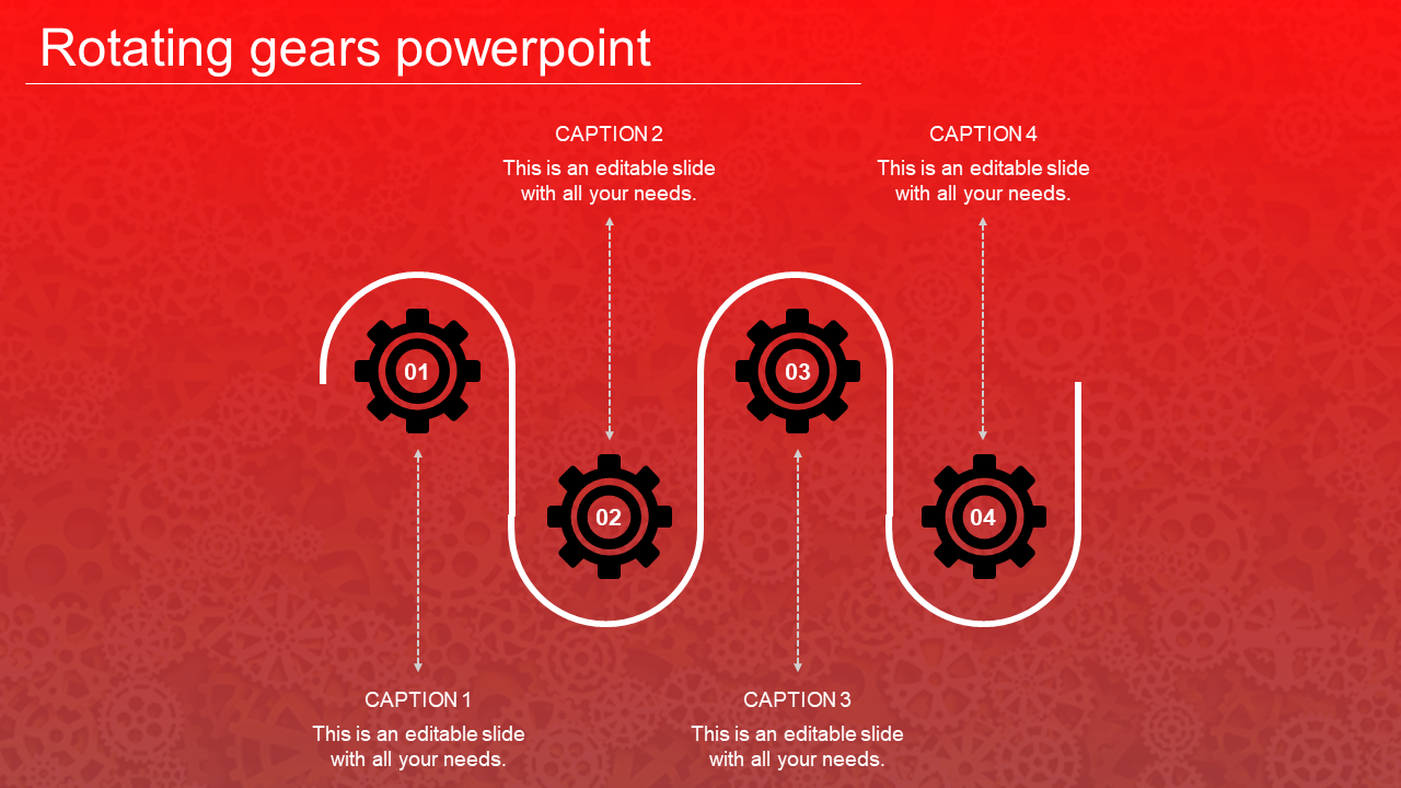 Rotating gears PowerPoint template with a red background, featuring four captions with placeholder text.