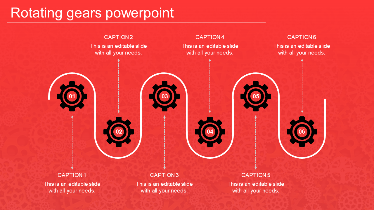 Rotating gears design featuring six black gears connected in a curved flow, with captions on a red themed background.