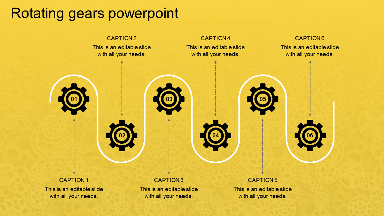 Rotating gears diagram with six black numbered cogs linked by white curves on a yellow background.