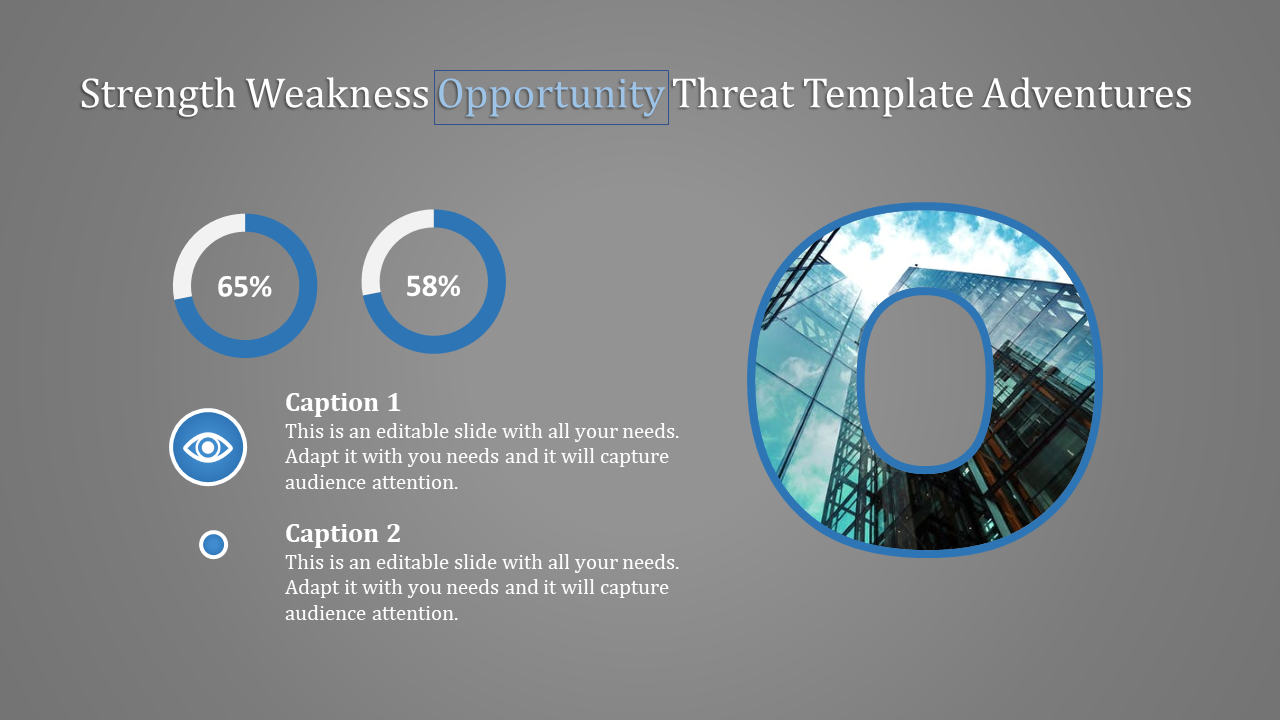 Gray slide with two blue doughnut charts, an O with building imagery, and icons for captions at the bottom.