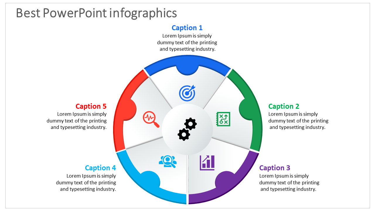Infographic PowerPoint slide with colorful circle sections and icons with captions and placeholder text.