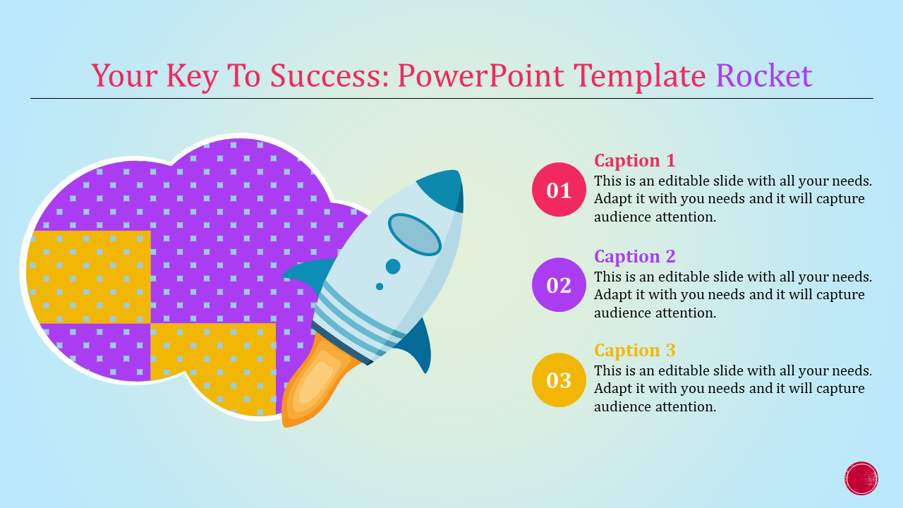 Rocket graphic launching from a patterned purple and yellow cloud design, with three numbered captions areas.