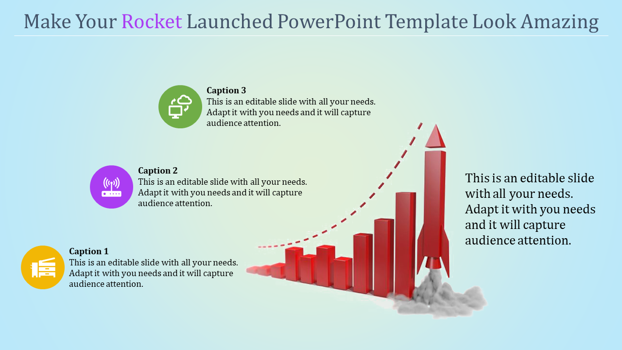 PowerPoint template featuring a rocket launching with a growing bar graph with captions and placeholder text.
