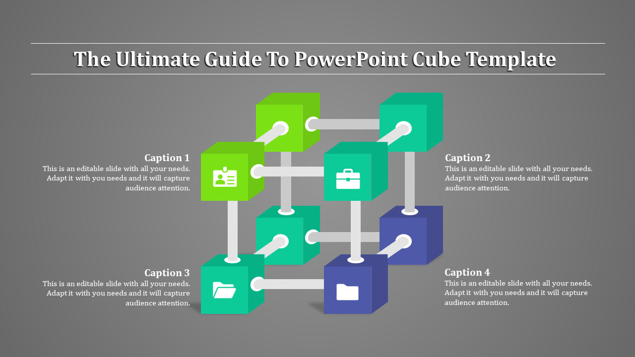 3D diagram with interlinked green, blue, and teal cubes, each featuring icons, four captions, and a gray background.