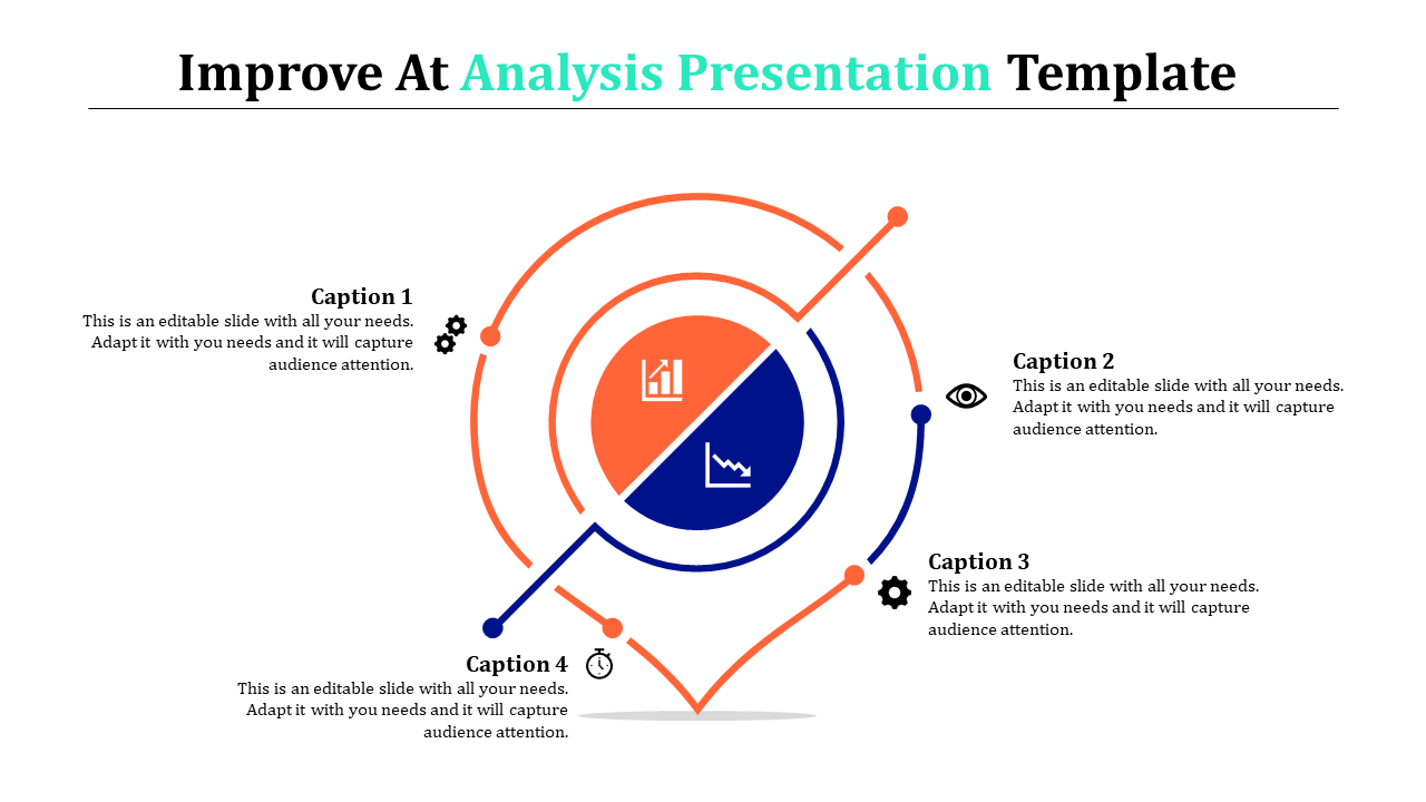 Analysis slide with two circles, one showing a growth bar chart and the other a declining line graph, surrounded by four icons.