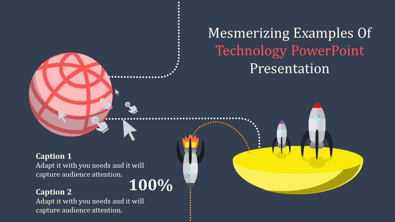 Technology PowerPoint presentation template showing a globe, arrows, and rockets in a creative layout with captions.