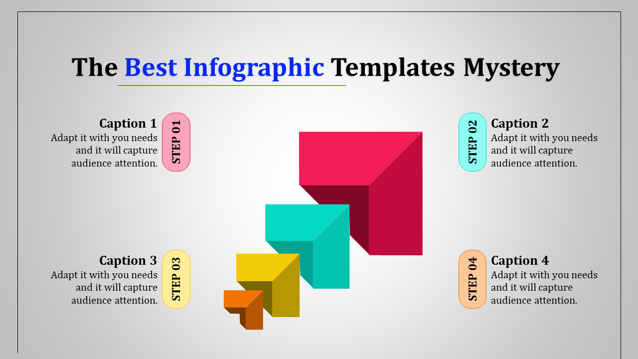 Infographic featuring a pink, blue, yellow, and orange blocks with captions on a gray gradient background.