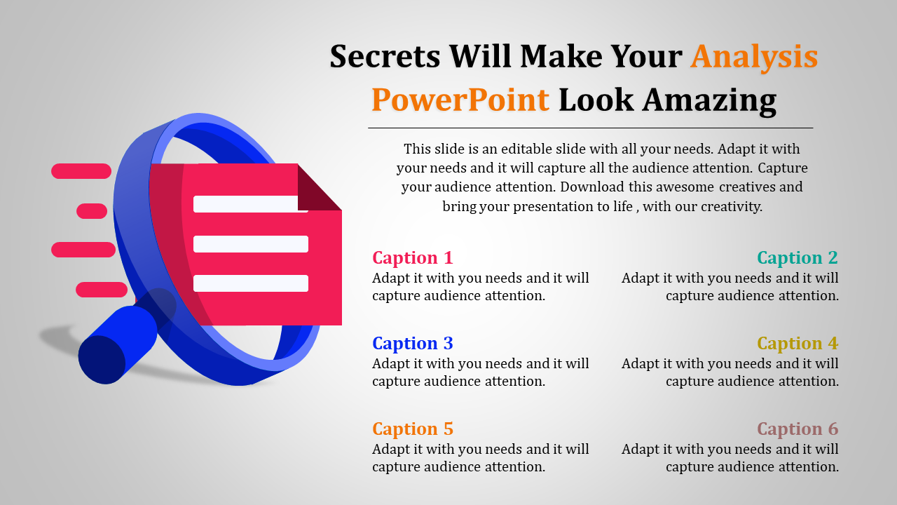 Magnifying glass zooming in on a document, showcasing an analysis PowerPoint template with captions.