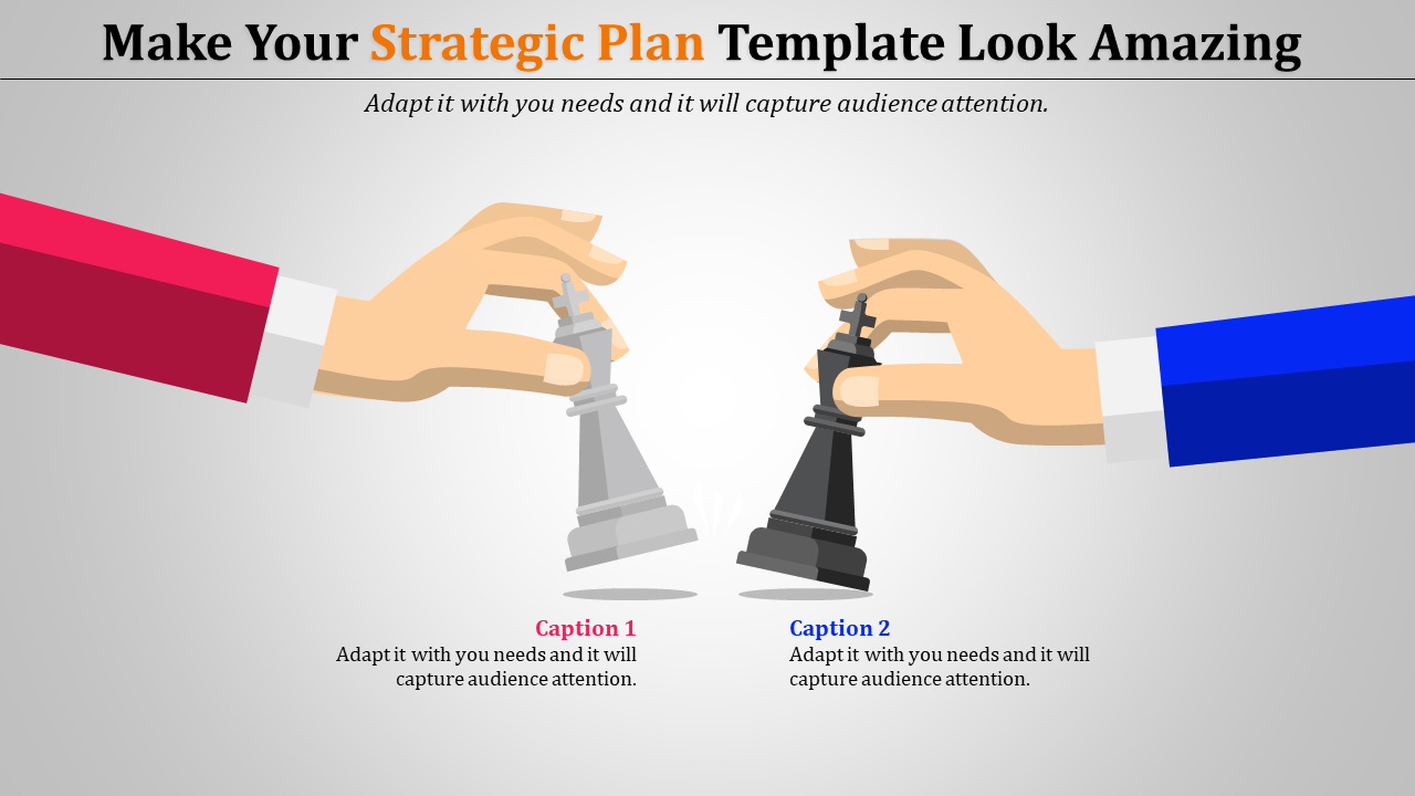 PowerPoint template for strategic planning, featuring two hands holding chess pieces with captions.