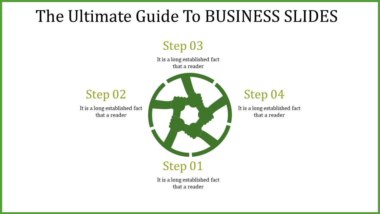 Business PPT slide with four connected steps in a circular diagram, each labeled with a percentage.