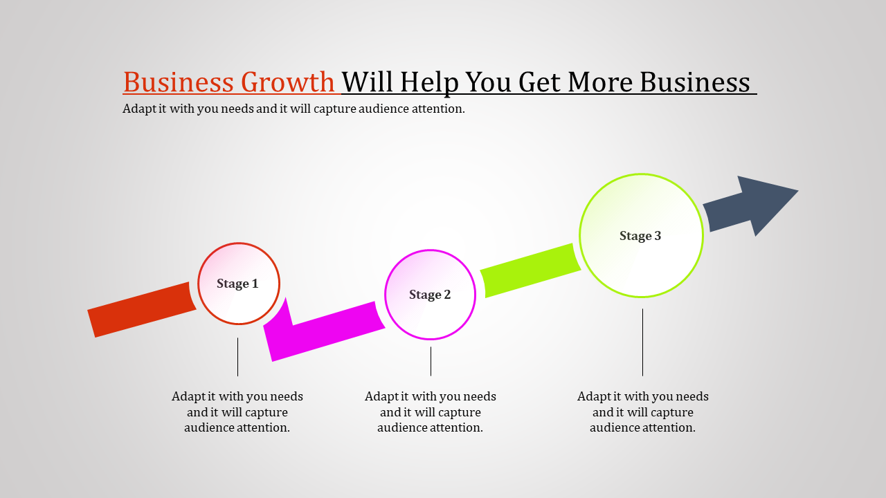 Three colored circles in red, pink, and green on a gradient background with an arrow indicating business growth.