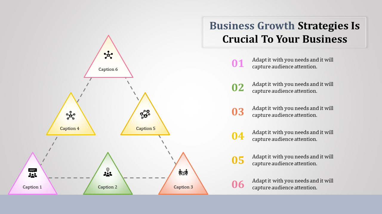 Business growth strategy PPT slide with six triangular shapes, each containing a relevant icon, connected by dashed lines.