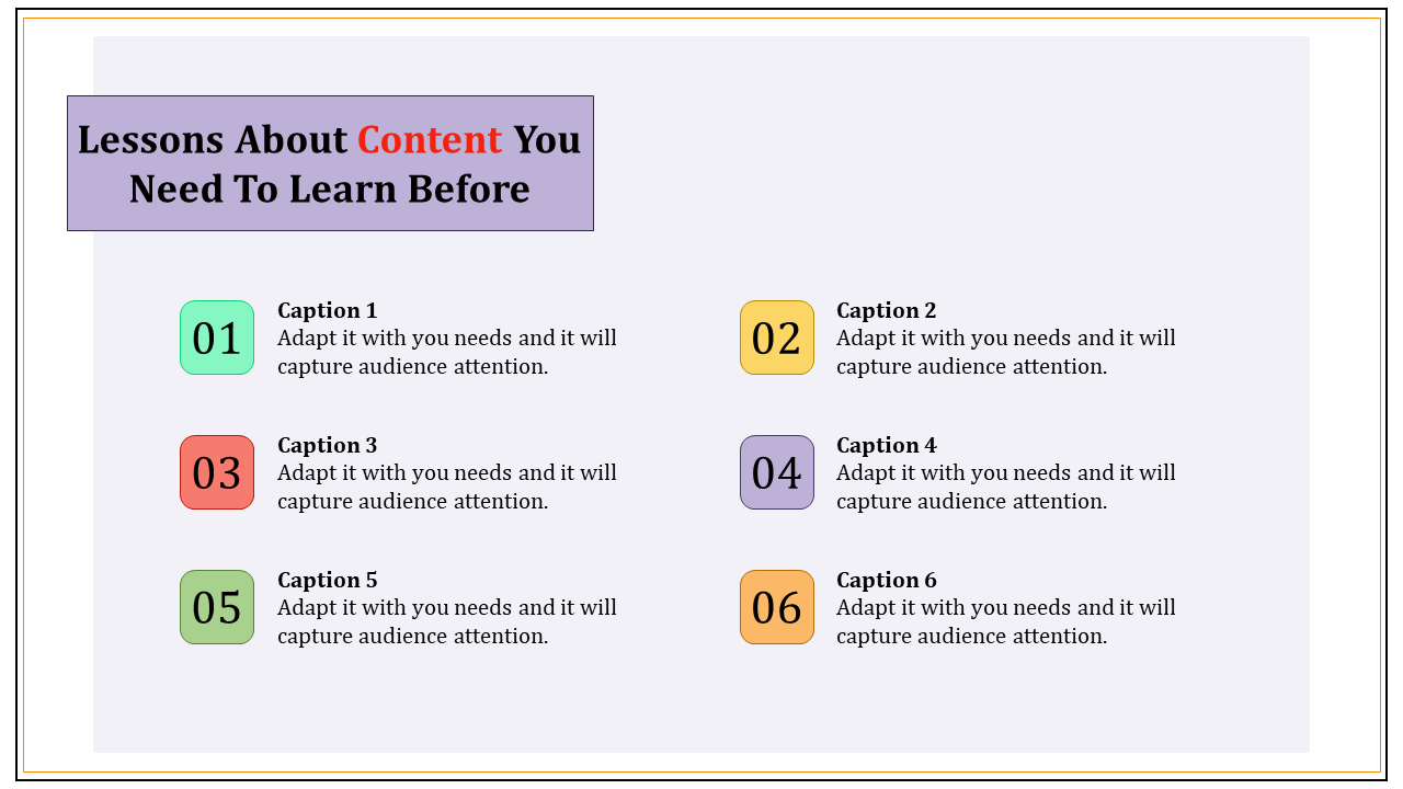 A PowerPoint template showing six steps with different colored boxes for content lessons.