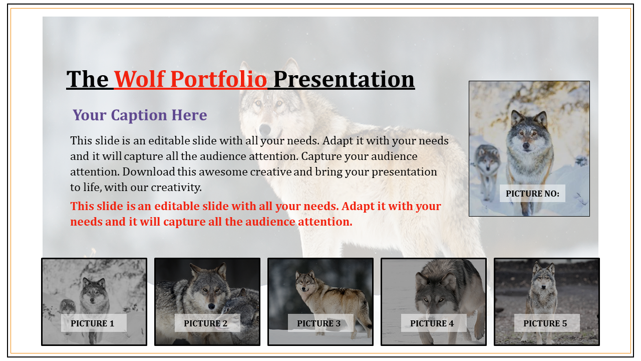 Slide layout includes a main wolf image, five smaller rectangular images below, and text sections on a light background.