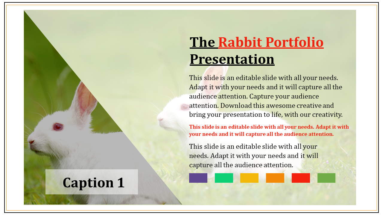 Rabbit themed portfolio PPT slide with a white rabbit image, caption, and text description on a light green background.