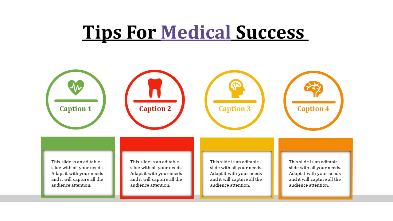 Medical slide with four colorful circular icons in green, red, yellow, and orange with text boxes beneath in matching colors.