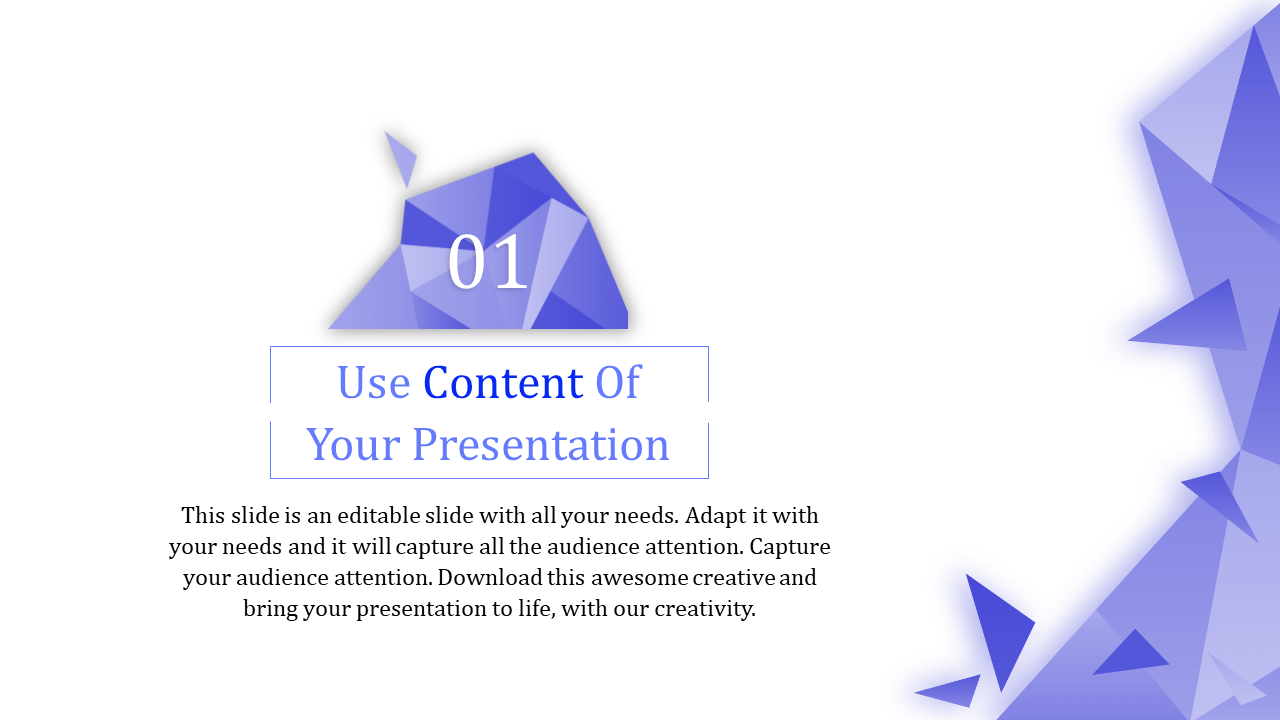 Slide design with geometric purple shapes, a bold number 01, and text highlighting content for presentations.