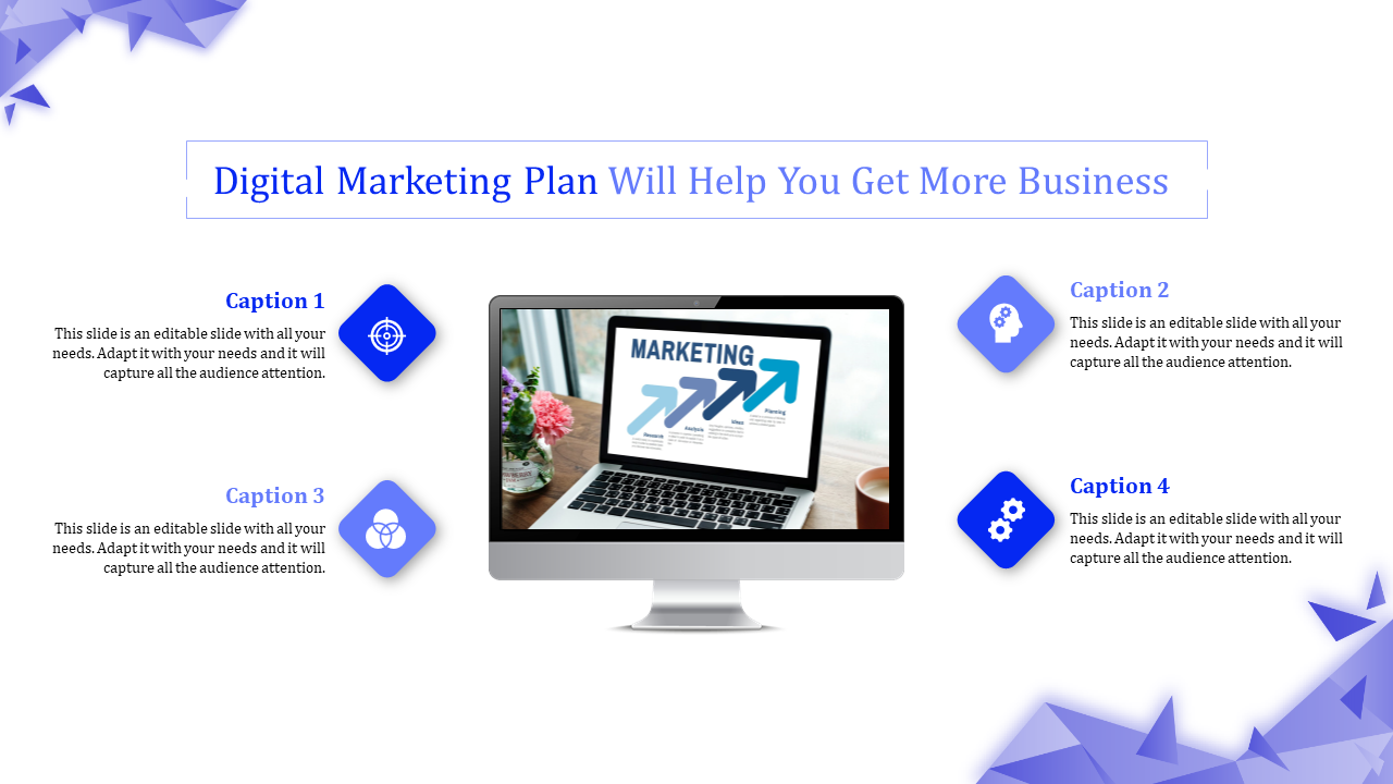 Digital marketing plan presentation slide with a computer displaying growth strategies and blue decorative accents.