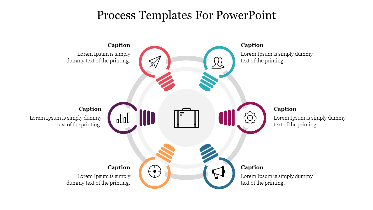 A PPT slide showcasing the business process with icons like a suitcase, graph, and gears, illustrating different stages.