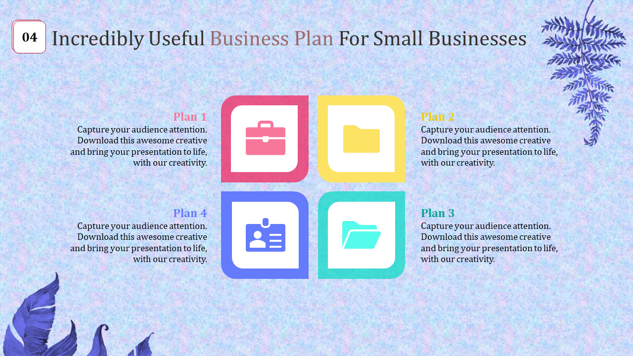 Colorful business plan slide with icons representing briefcase, folder, ID card, and documents for small business strategies.