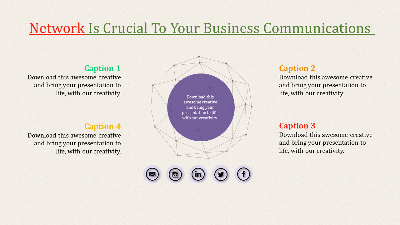 Network diagram with a purple center surrounded by a web of connecting lines, captions, and social icons at the bottom.