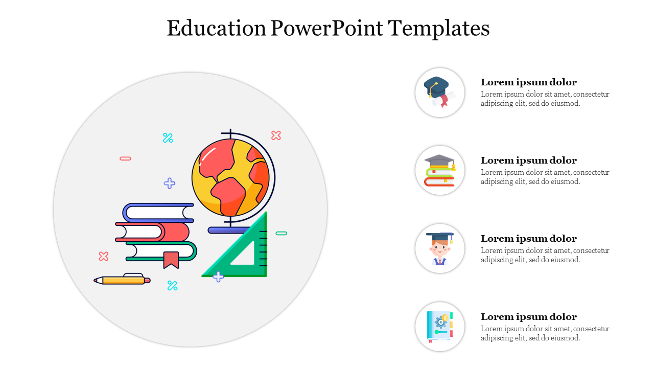Educational slide with colorful globe, books, and ruler on the left and four captions with icons on the right.
