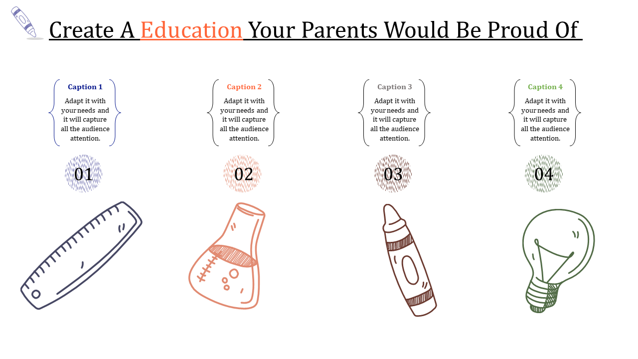 Educational slide with hand drawn icons of ruler, flask, crayon, and light bulb, each paired with captions and numbers.