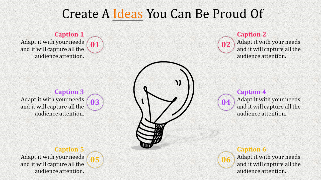 Creative PowerPoint slide featuring a central light bulb illustration surrounded by six numbered captions.