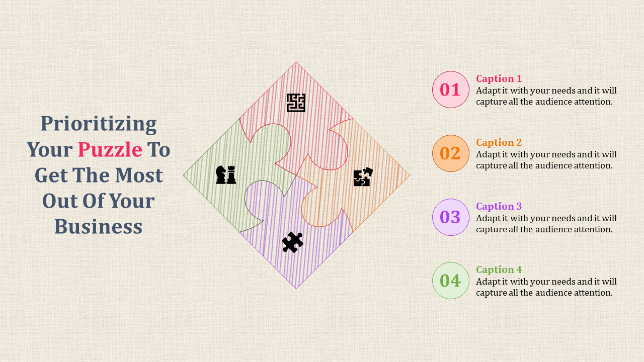 Puzzle themed PPT slide featuring a diamond shaped puzzle graphic with four pieces and captions for business priorities.
