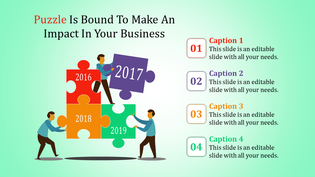 Puzzle themed PowerPoint template with characters placing puzzle pieces labeled with years and captions.