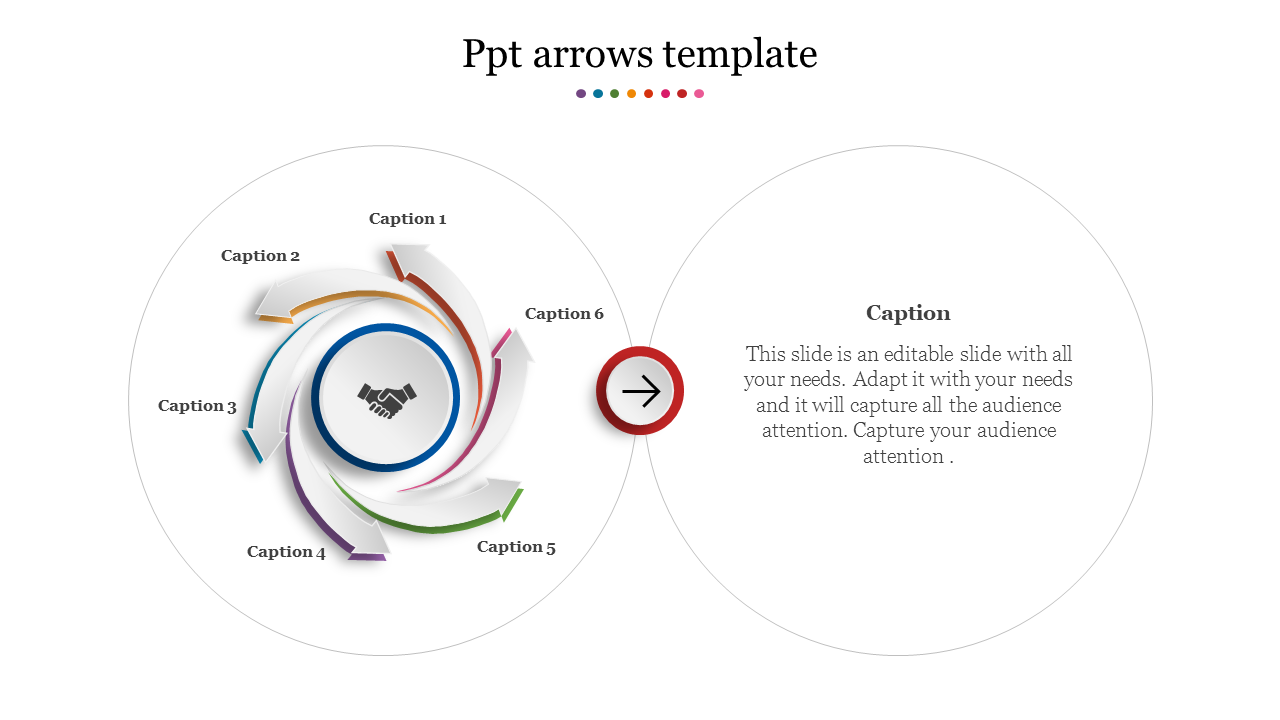 PPT arrows template showing a flow of colored arrows and handshake graphic with a caption text.