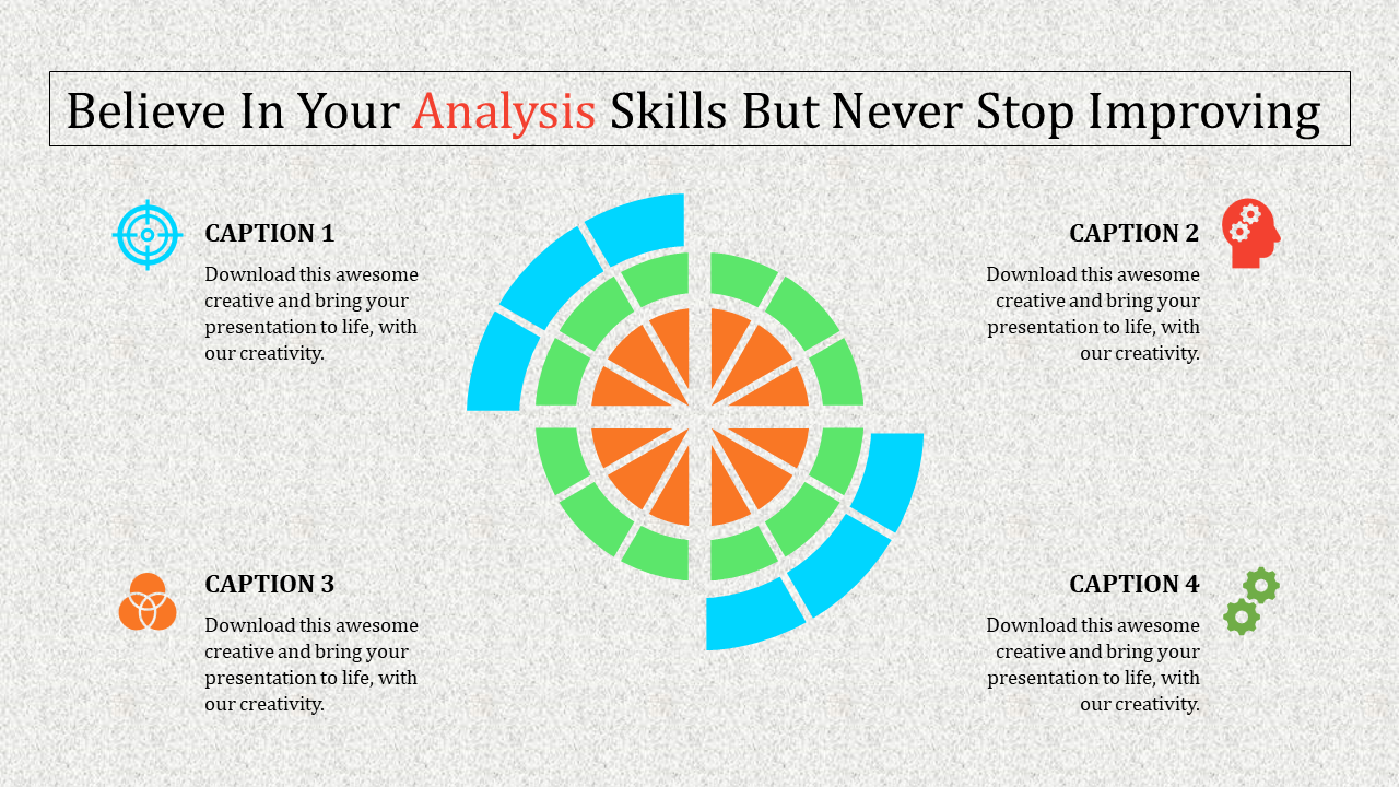 Circular segmented chart in blue, green, and orange with four captions and icons on a textured gray background.