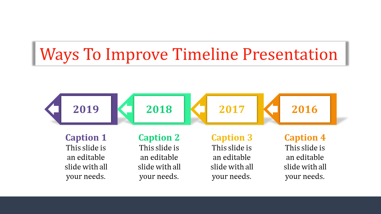Colorful timeline template showing sequential years from 2016 to 2019 with captions and arrow shaped boxes.