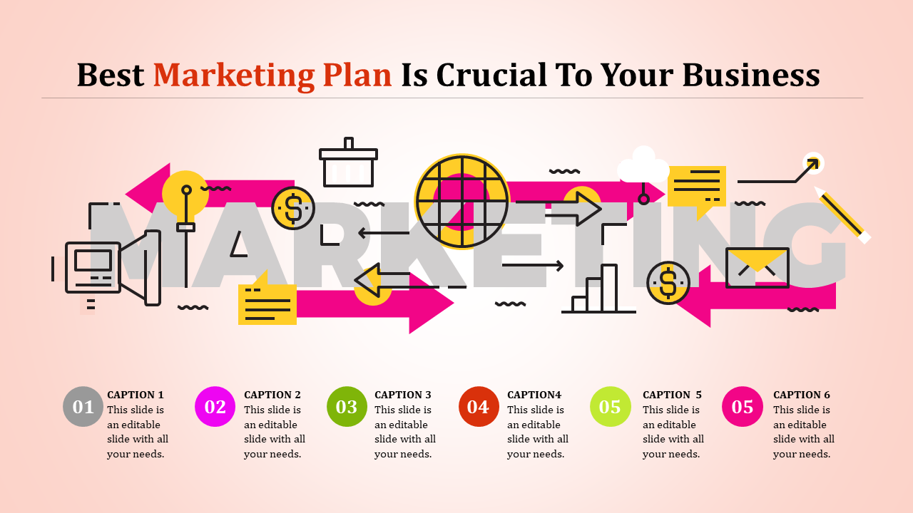 Dynamic marketing plan template with bold graphics, arrows, and icons emphasizing key strategies for business success.