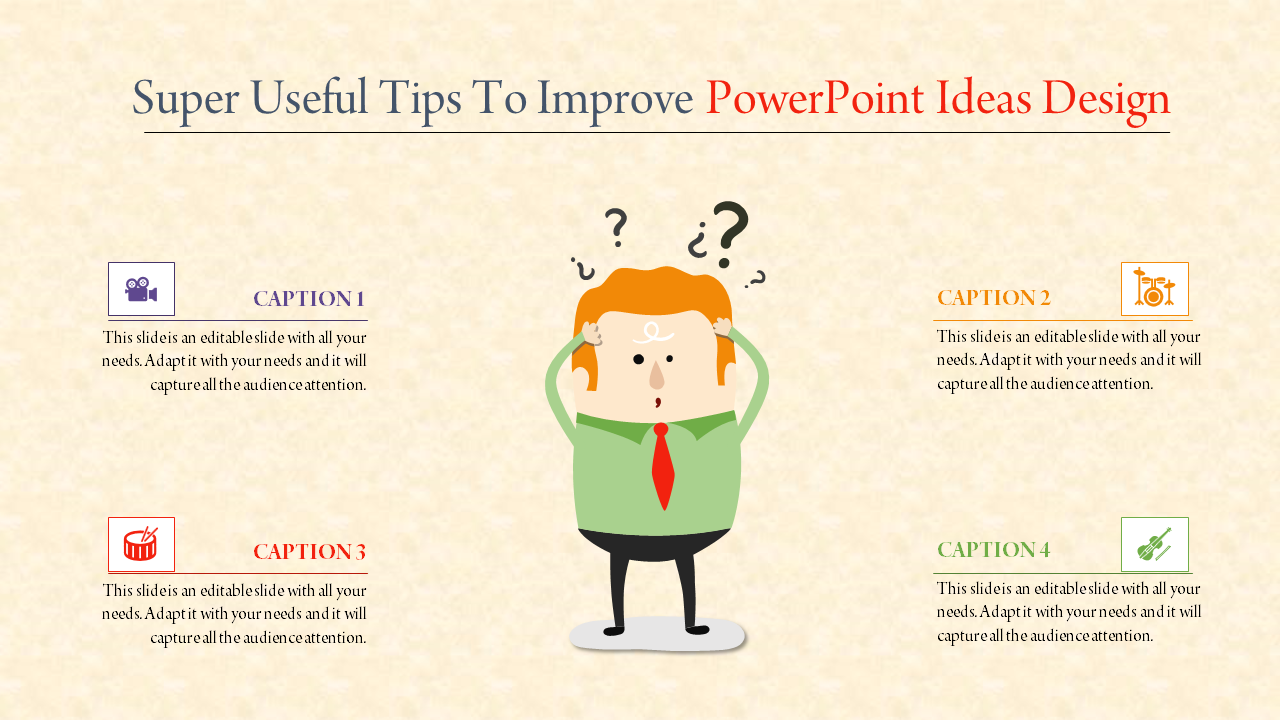 PowerPoint design slide PowerPoint Ideas design with a cartoon character and four captions with icons.